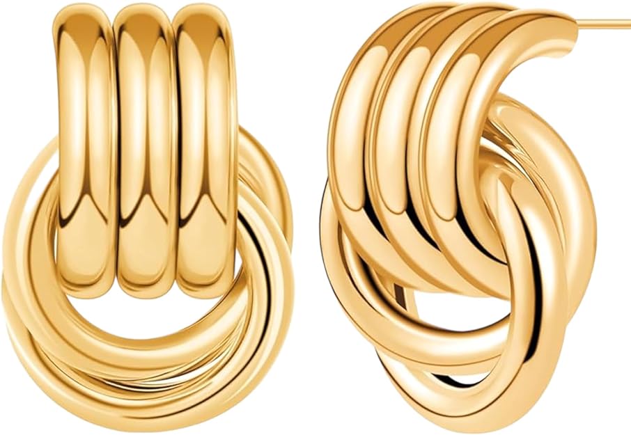 Gold Geometric Drop Dangle Earrings for Women, 18K Chunky Trendy Knot Stud, Small Twisted Link Earring Jewelry