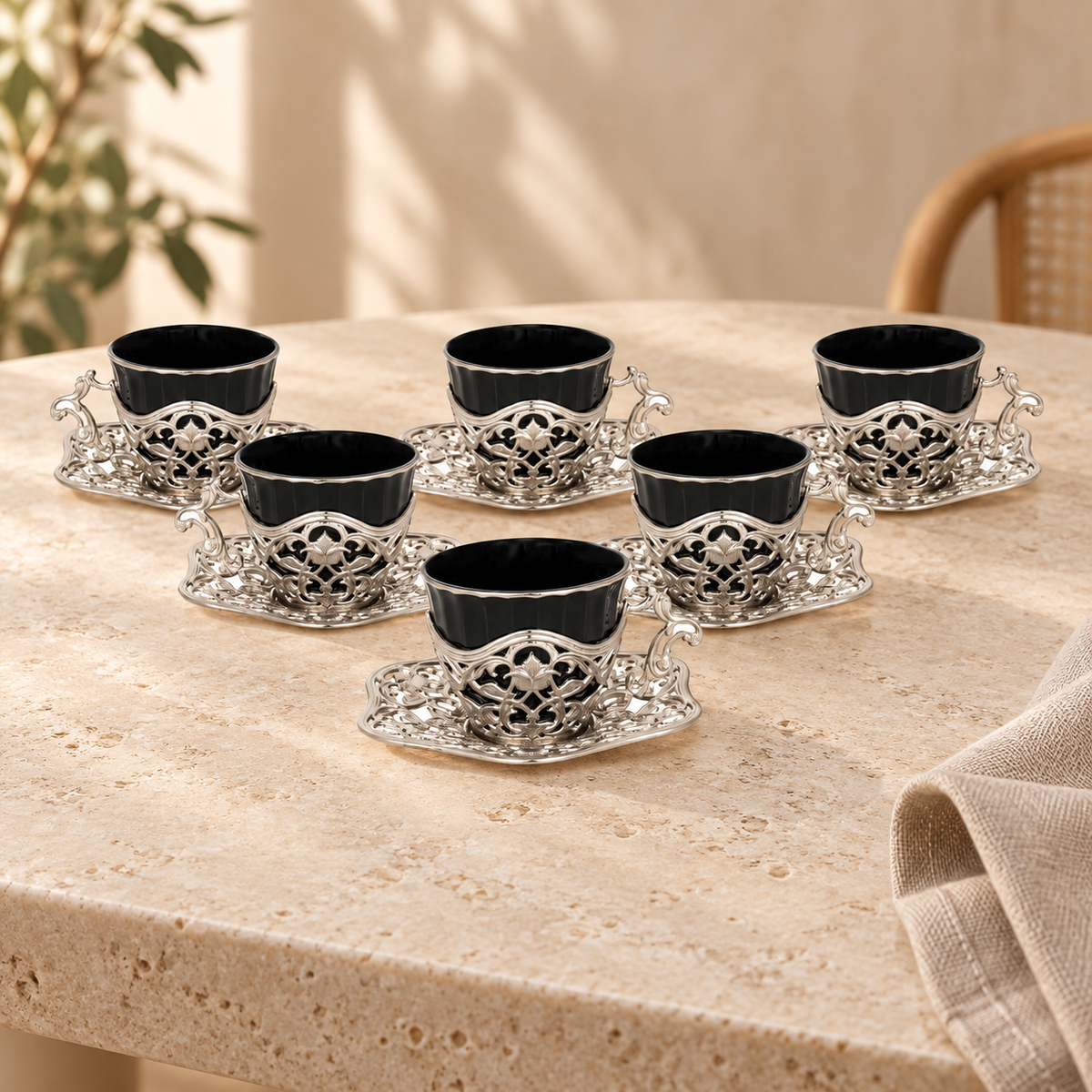 Acar SET632BE Elisa black and silver-tone coffee set — AI-assisted cafe table scene