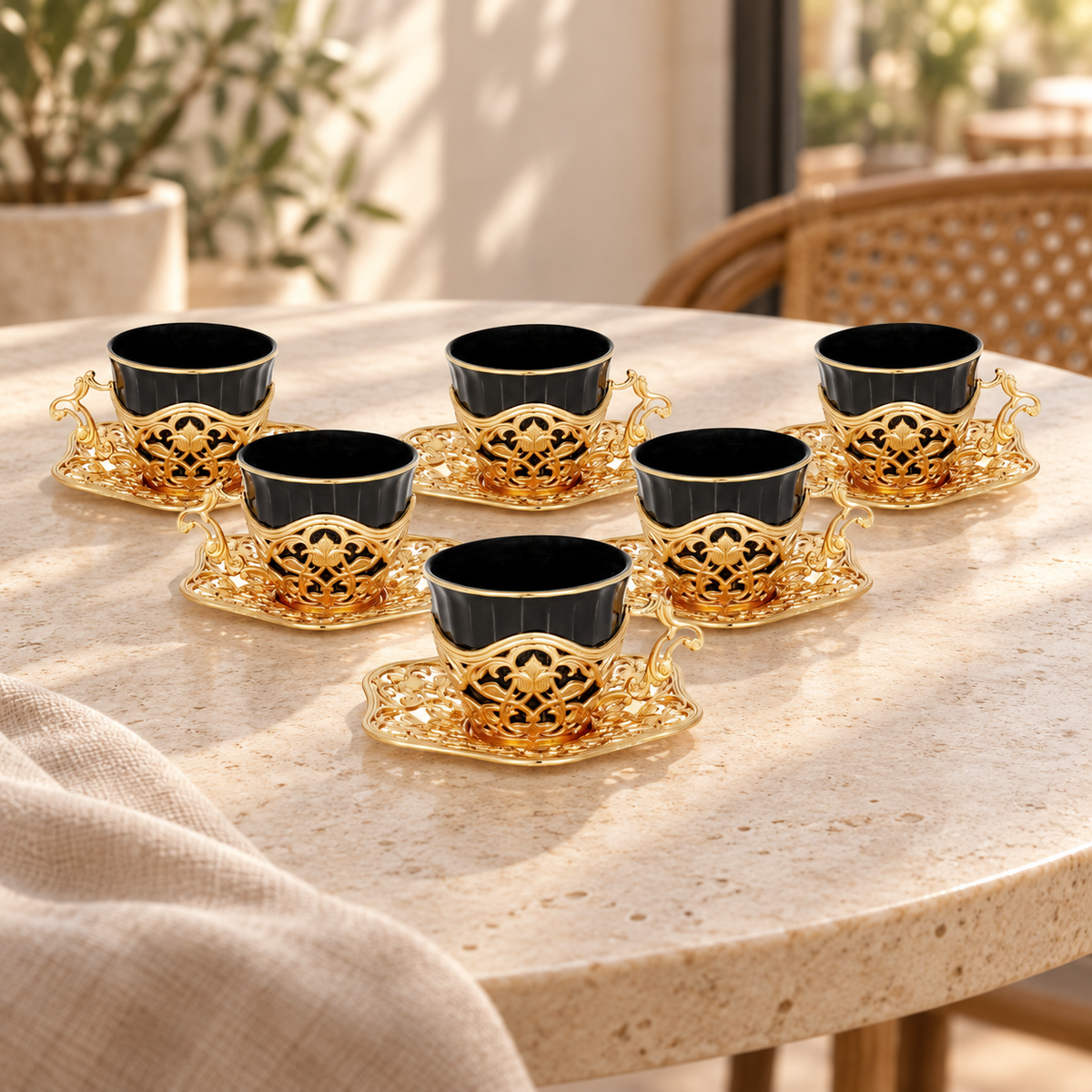Acar SET632SA Elisa black and gold-tone coffee set — AI-assisted cafe table scene