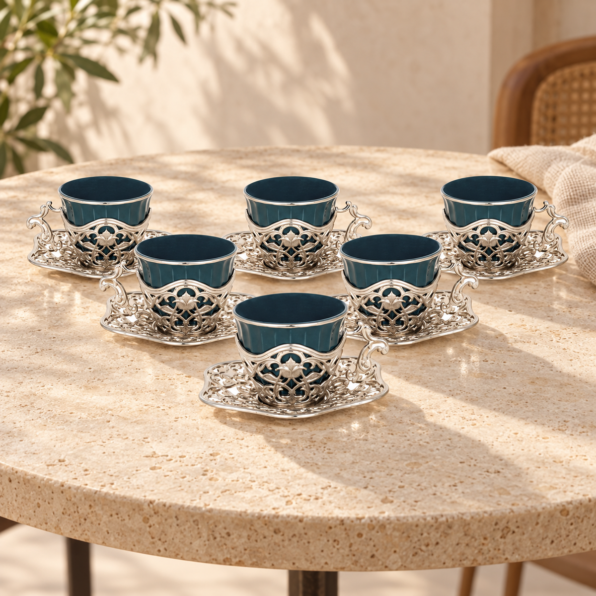 Acar SET633BE Elisa green and silver-tone coffee set — AI-assisted cafe table scene