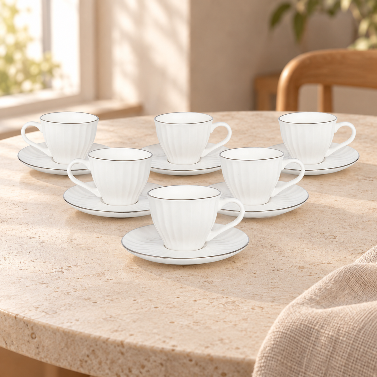 Acar SET810BE Charisma white cups with silver-tone rims — AI-assisted cafe table scene