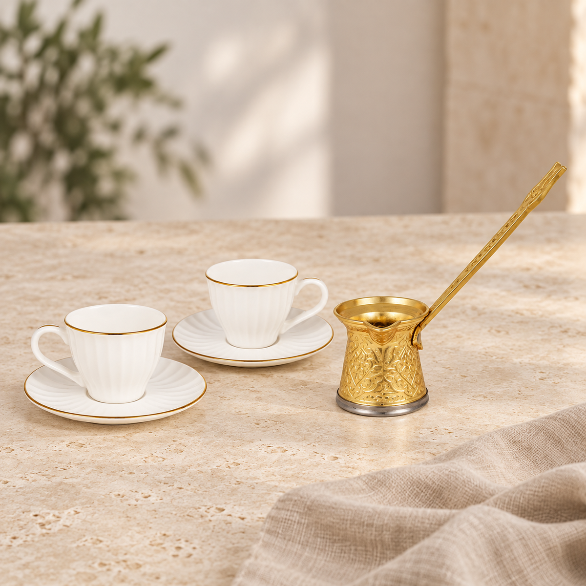 Acar SET822SA Charisma two-cup set with gold-tone coffee pot — AI-assisted cafe table scene