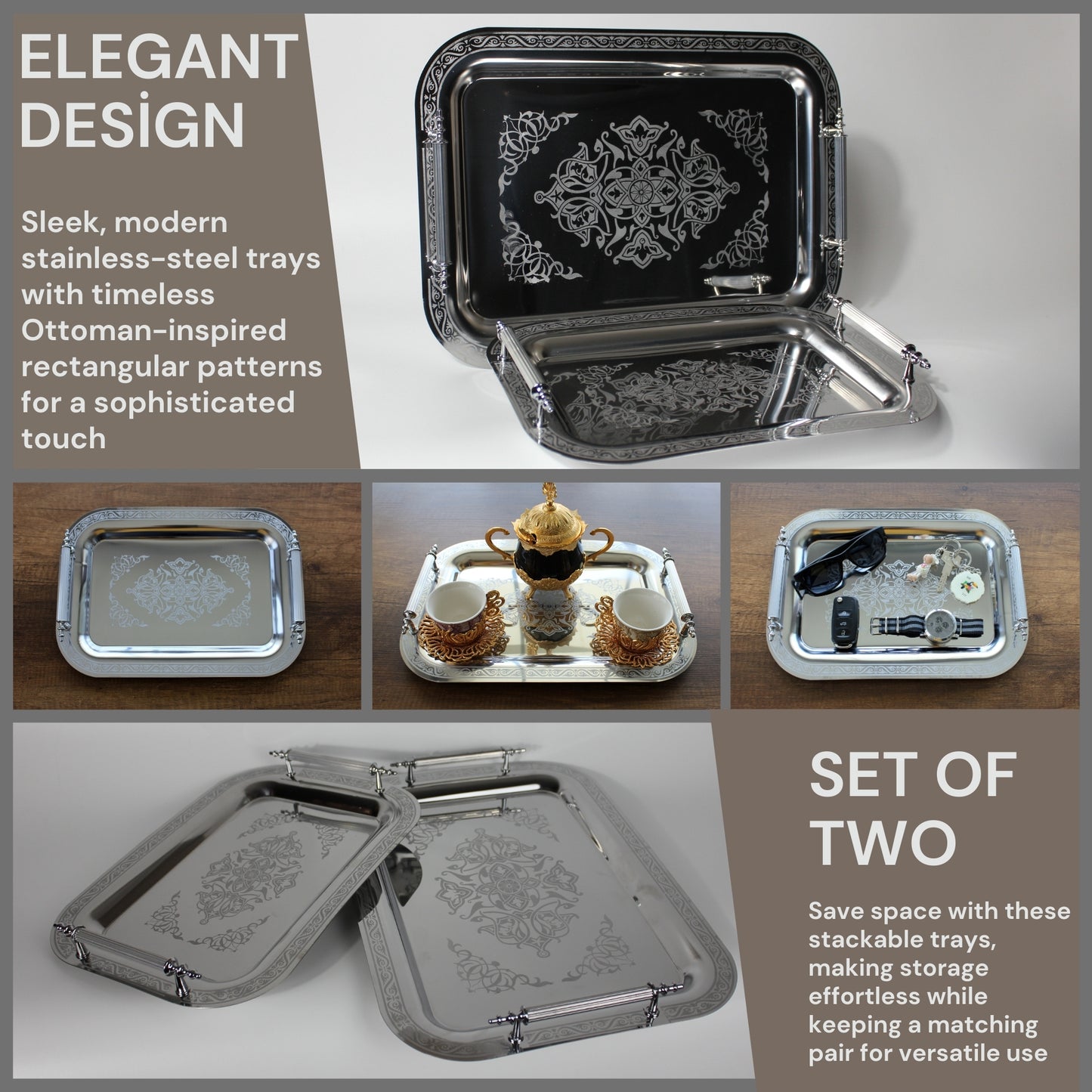 Set of 2 Modern Elegant Large Serving Tray, Rectangle Decorative Tray