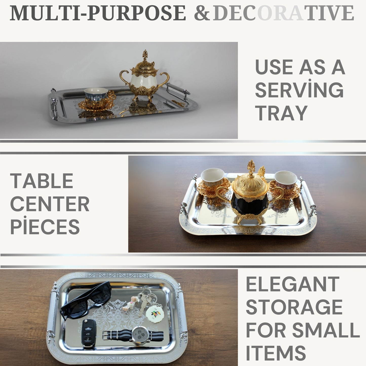 Set of 2 Modern Elegant Large Serving Tray, Rectangle Decorative Tray