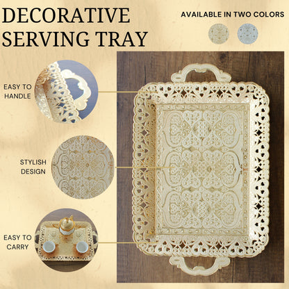 Turkish Vintage Style Entertaining Tray - 16'' x 12'' | Multi-Purpose, Non-Tarnishing, Zamak Alloy, Decorative Ottoman Style - Rectangular Serving Tray for Coffee & Beverages Gold