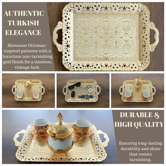 Turkish Vintage Style Entertaining Tray - 16'' x 12'' | Multi-Purpose, Non-Tarnishing, Zamak Alloy, Decorative Ottoman Style - Rectangular Serving Tray for Coffee & Beverages Gold