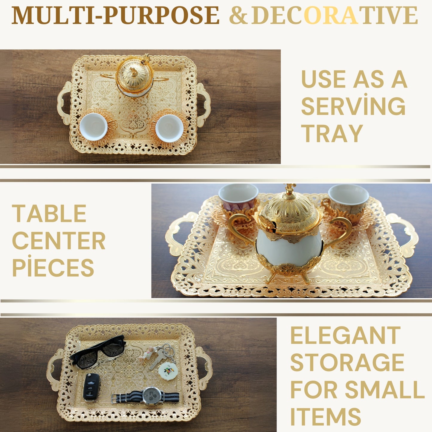 Turkish Vintage Style Entertaining Tray - 16'' x 12'' | Multi-Purpose, Non-Tarnishing, Zamak Alloy, Decorative Ottoman Style - Rectangular Serving Tray for Coffee & Beverages Gold