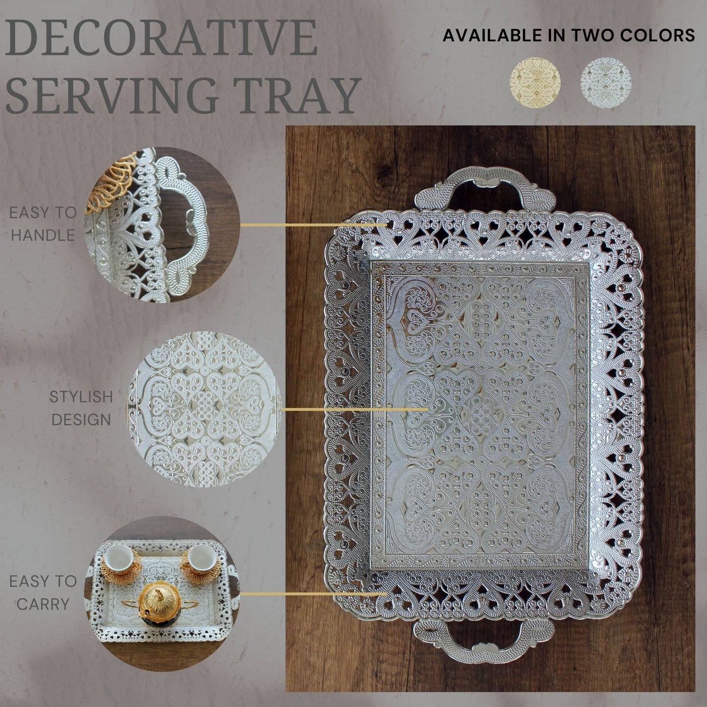 Turkish Vintage Style Entertaining Tray - 16'' x 12'' | Multi-Purpose, Non-Tarnishing, Zamak Alloy, Decorative Ottoman Style - Rectangular Serving Tray for Coffee & Beverages Gold