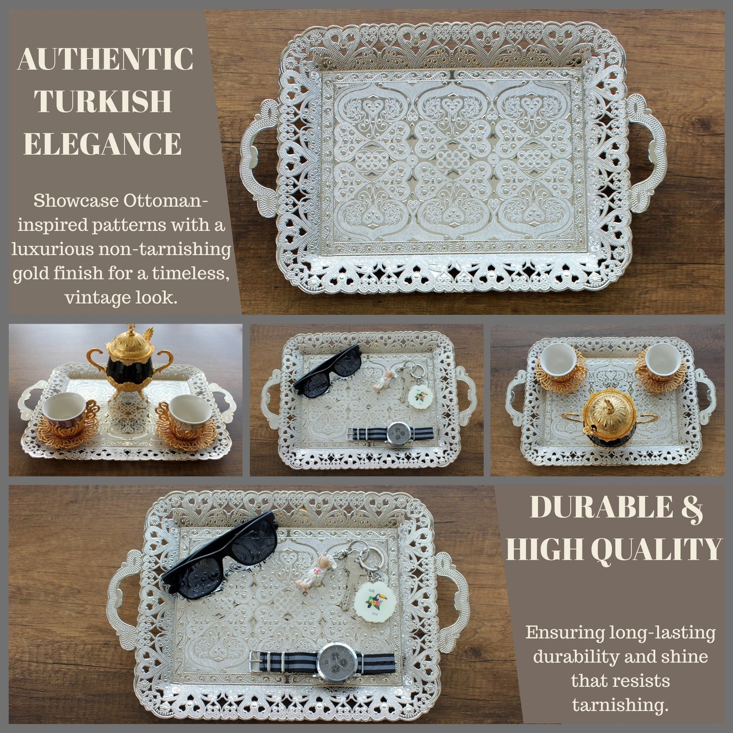 Turkish Vintage Style Entertaining Tray - 16'' x 12'' | Multi-Purpose, Non-Tarnishing, Zamak Alloy, Decorative Ottoman Style - Rectangular Serving Tray for Coffee & Beverages Gold