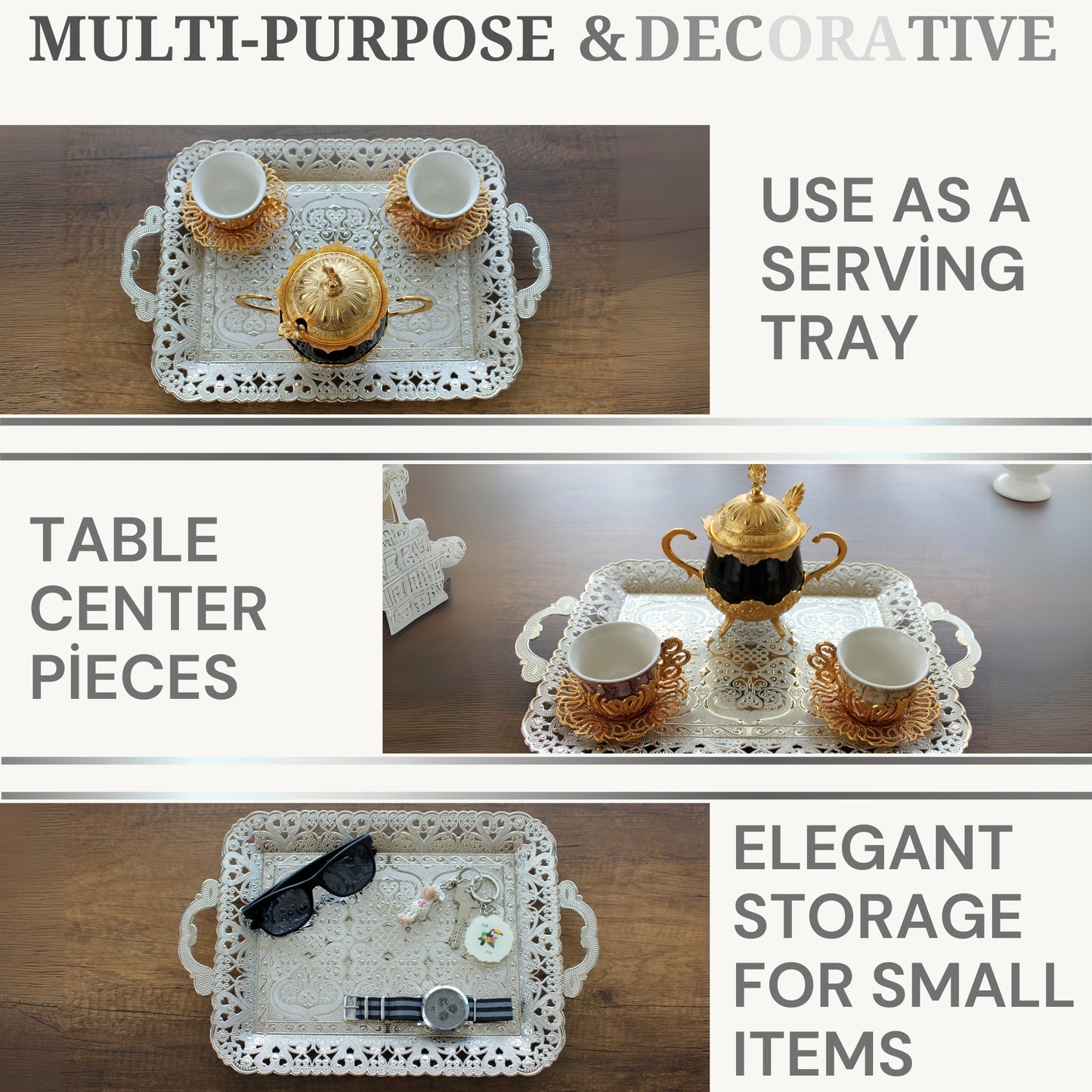 Turkish Vintage Style Entertaining Tray - 16'' x 12'' | Multi-Purpose, Non-Tarnishing, Zamak Alloy, Decorative Ottoman Style - Rectangular Serving Tray for Coffee & Beverages Gold