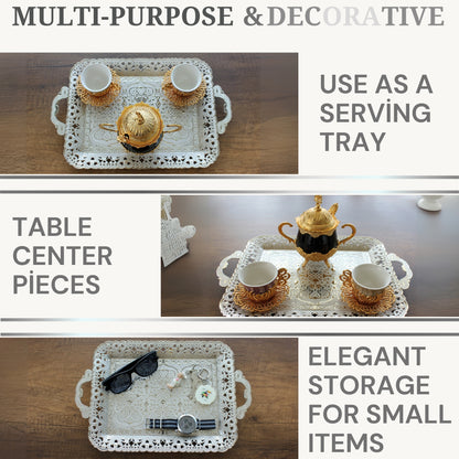 Turkish Vintage Style Entertaining Tray - 16'' x 12'' | Multi-Purpose, Non-Tarnishing, Zamak Alloy, Decorative Ottoman Style - Rectangular Serving Tray for Coffee & Beverages Gold