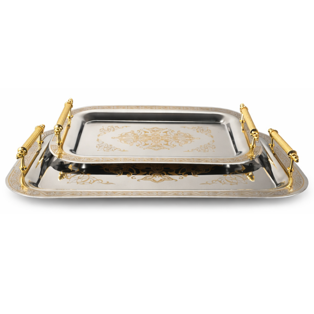 Park&Oz Set of 2 Stackable Stainless-Steel Trays – 14.5'' x 9.8'' Elegant Rectangle Ottoman-Style Decorative Trays – Multi-Purpose Non-Tarnishing Serving Trays for Coffee, Beverages, and Home Decor (GOLD)