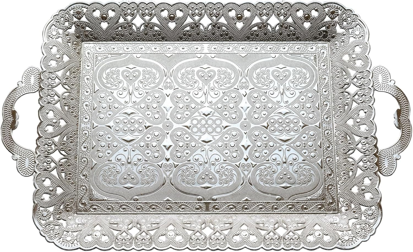 Turkish Vintage Style Entertaining Tray - |15.4” x 10.2”Multi-Purpose, Non-Tarnishing, Zamak Alloy, Decorative Ottoman Style - Rectangular Serving Tray for Coffee & Beverages (GOLD)