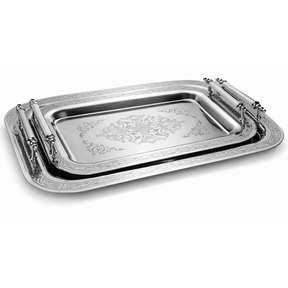 Park&Oz Set of 2 Stackable Stainless-Steel Trays – 14.5'' x 9.8'' Elegant Rectangle Ottoman-Style Decorative Trays – Multi-Purpose Non-Tarnishing Serving Trays for Coffee, Beverages, and Home Decor (GOLD)