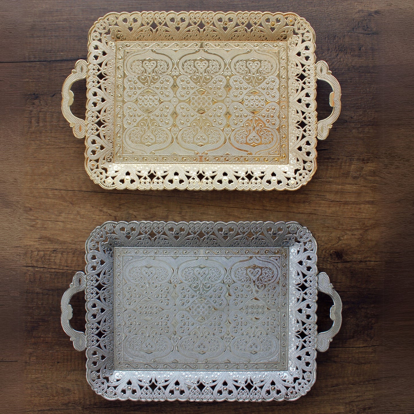 Turkish Vintage Style Entertaining Tray - 16'' x 12'' | Multi-Purpose, Non-Tarnishing, Zamak Alloy, Decorative Ottoman Style - Rectangular Serving Tray for Coffee & Beverages Gold