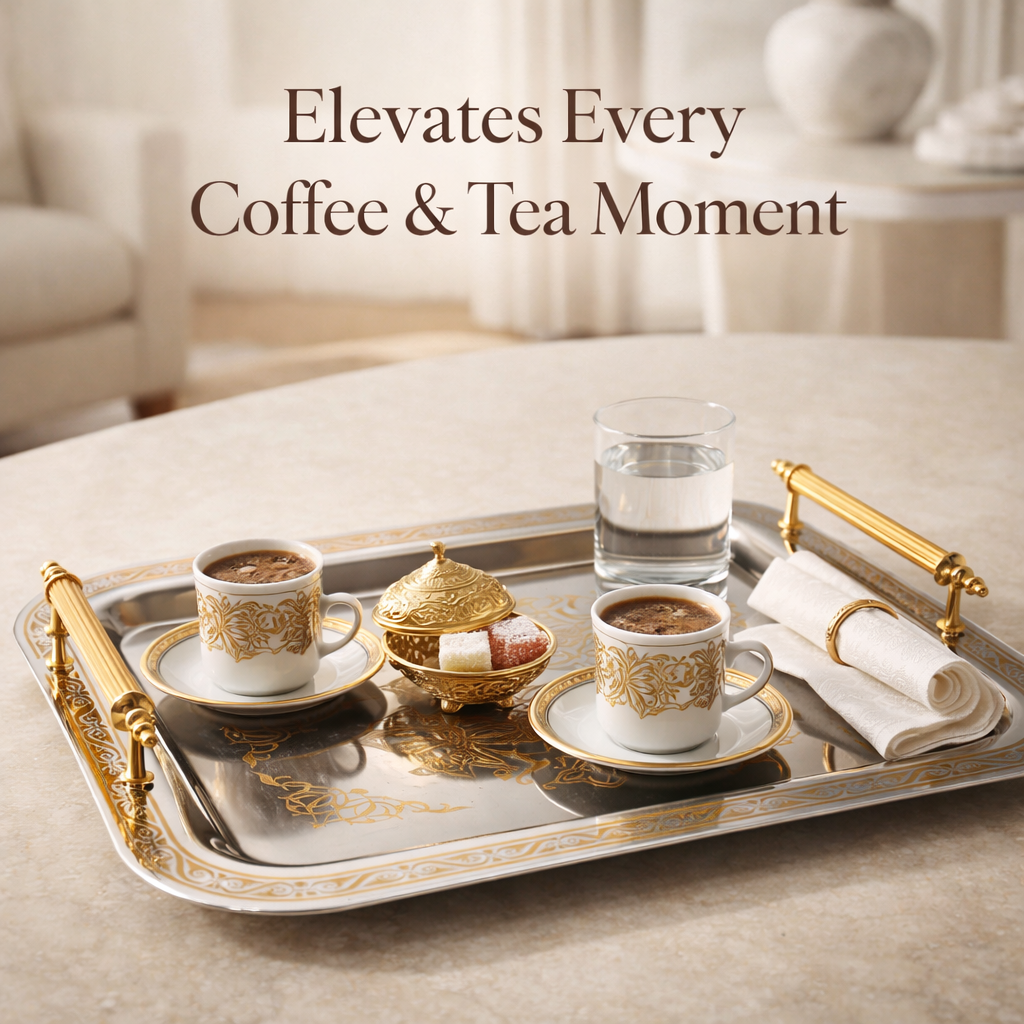 Park&Oz Set of 2 Stackable Stainless-Steel Trays – 14.5'' x 9.8'' Elegant Rectangle Ottoman-Style Decorative Trays – Multi-Purpose Non-Tarnishing Serving Trays for Coffee, Beverages, and Home Decor (GOLD)