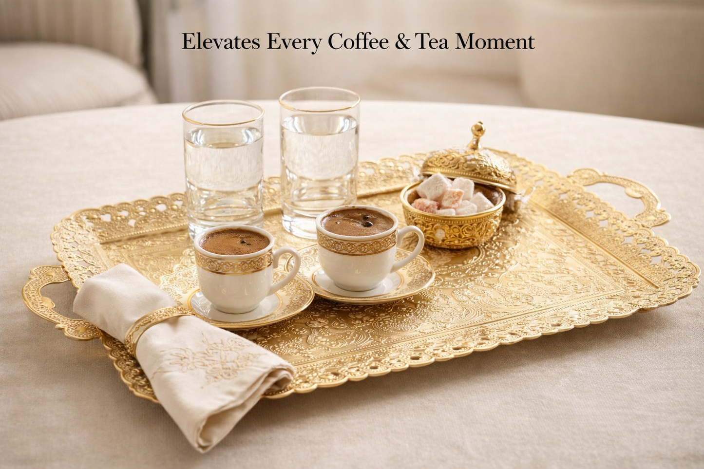 Turkish Vintage Style Entertaining Tray - |15.4” x 10.2”Multi-Purpose, Non-Tarnishing, Zamak Alloy, Decorative Ottoman Style - Rectangular Serving Tray for Coffee & Beverages (GOLD)