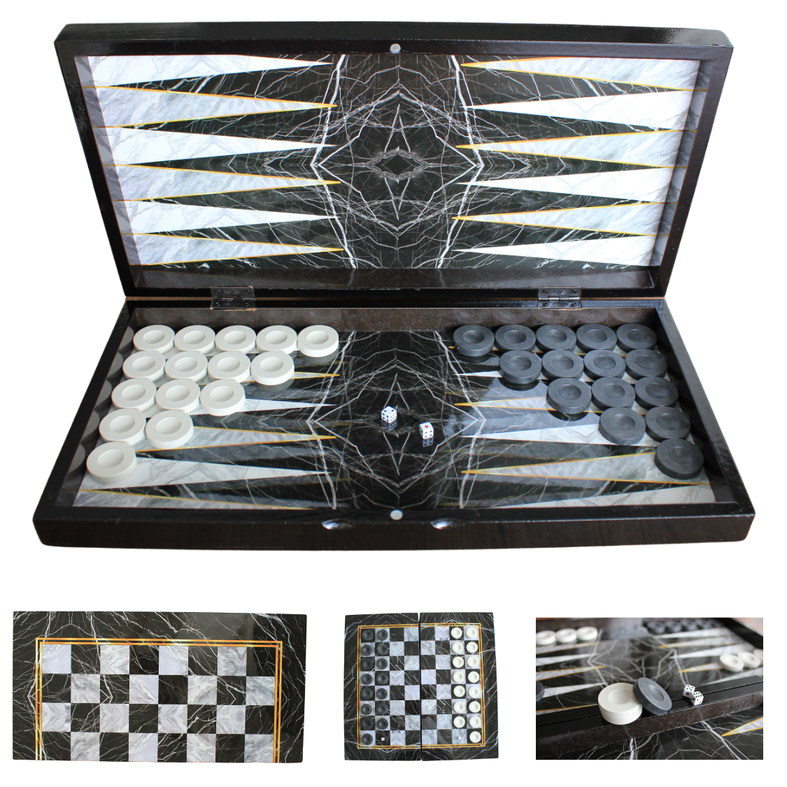 PARK & OZ Premium Turkish Backgammon and Checkers Set 19 Inch Handmade  (BLACK MARBLE)