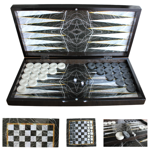 PARK & OZ Premium Turkish Backgammon and Checkers Set 19 Inch Handmade  (BLACK MARBLE)