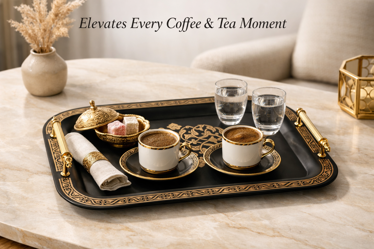 Park&Oz Set of 2 Stackable Stainless-Steel Trays – 14.5'' x 9.8'' Elegant Rectangle Ottoman-Style Decorative Trays – Multi-Purpose Non-Tarnishing Serving Trays for Coffee, Beverages, and Home Decor (GOLD)