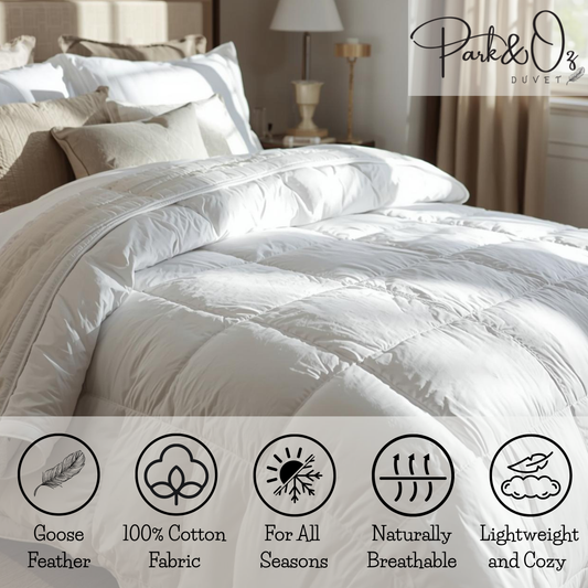 PARK & OZ 100% Goose Down Filled Duvet – 400 GSM, 233 TC Cotton Percale, White
