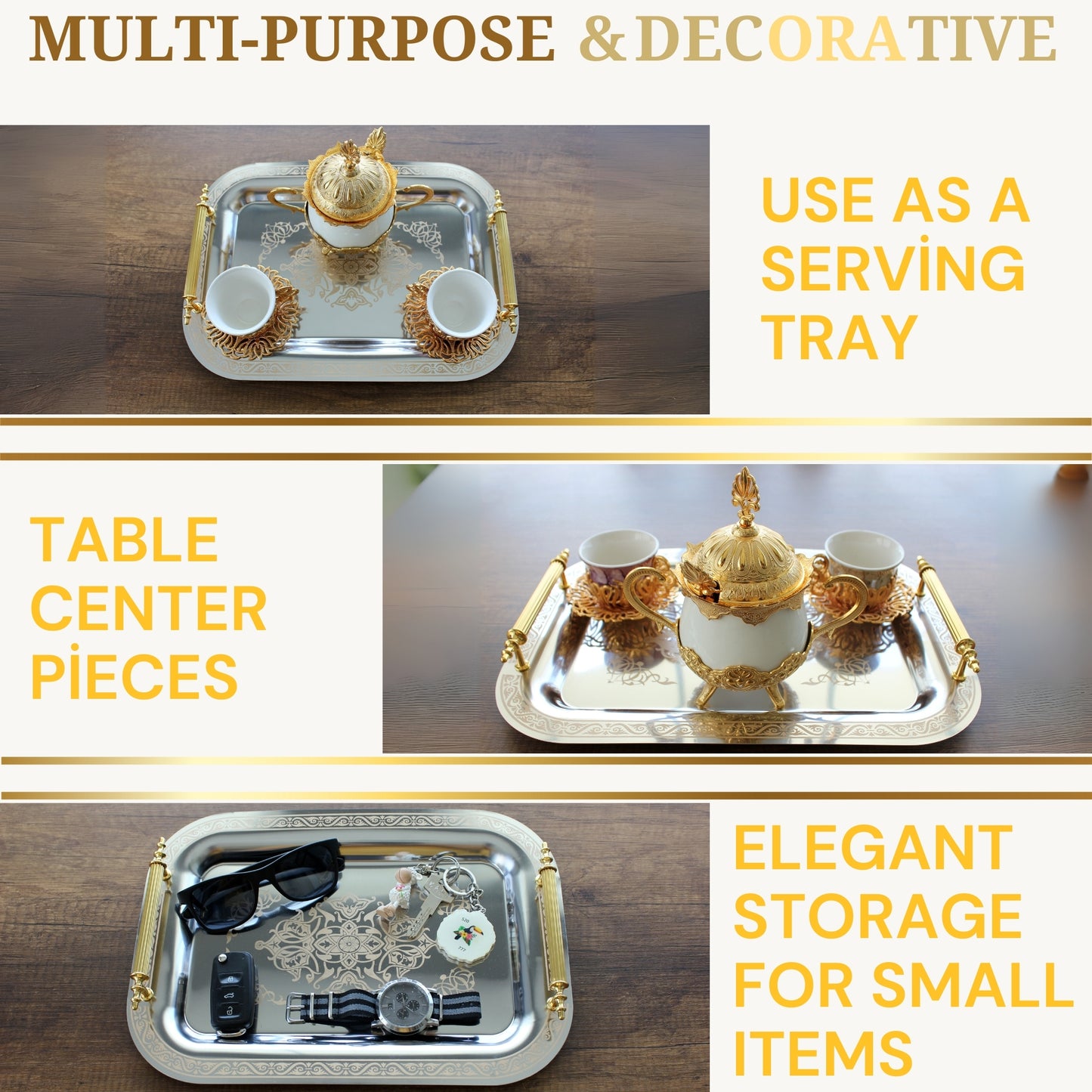 Set of 2 Modern Elegant Large Serving Tray, Rectangle Decorative Tray