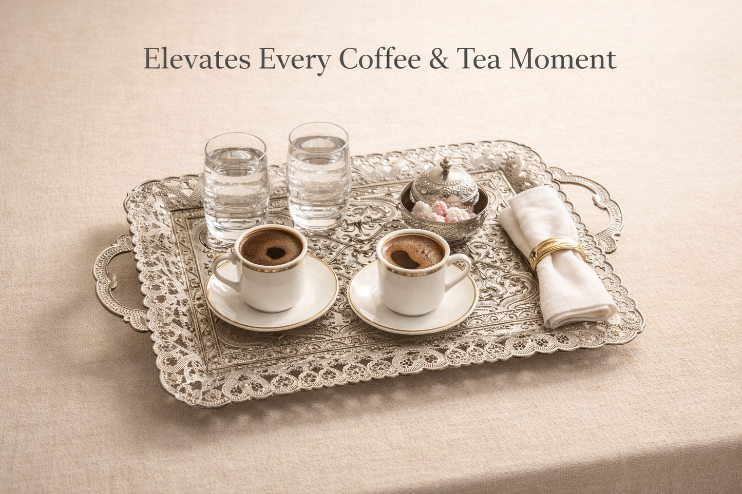 Turkish Vintage Style Entertaining Tray - |15.4” x 10.2”Multi-Purpose, Non-Tarnishing, Zamak Alloy, Decorative Ottoman Style - Rectangular Serving Tray for Coffee & Beverages (GOLD)