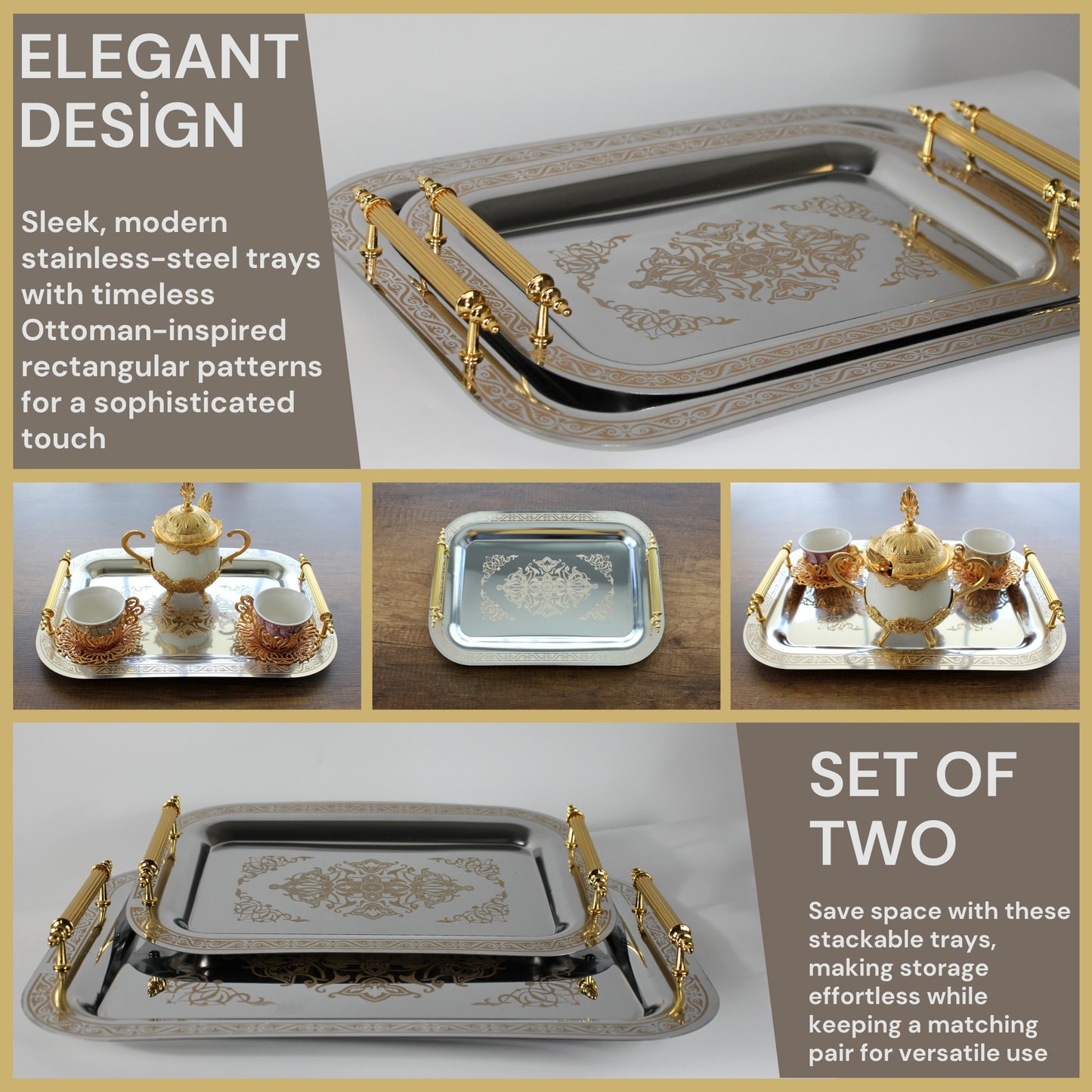 Set of 2 Modern Elegant Large Serving Tray, Rectangle Decorative Tray