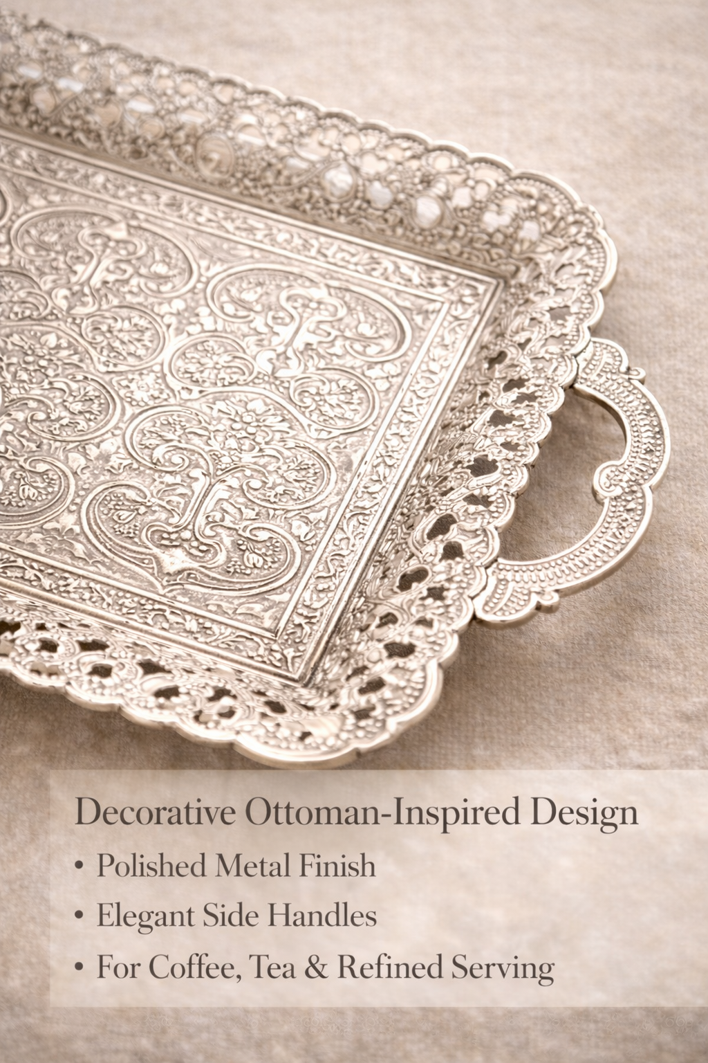 Turkish Vintage Style Entertaining Tray - |15.4” x 10.2”Multi-Purpose, Non-Tarnishing, Zamak Alloy, Decorative Ottoman Style - Rectangular Serving Tray for Coffee & Beverages (GOLD)