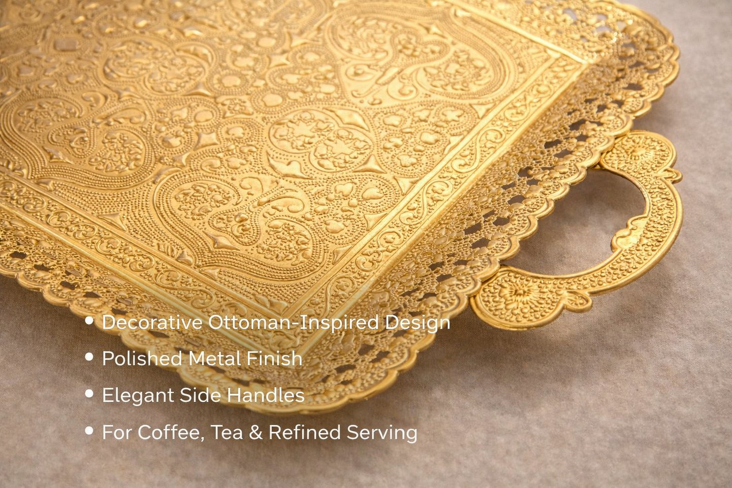 Turkish Vintage Style Entertaining Tray - |15.4” x 10.2”Multi-Purpose, Non-Tarnishing, Zamak Alloy, Decorative Ottoman Style - Rectangular Serving Tray for Coffee & Beverages (GOLD)