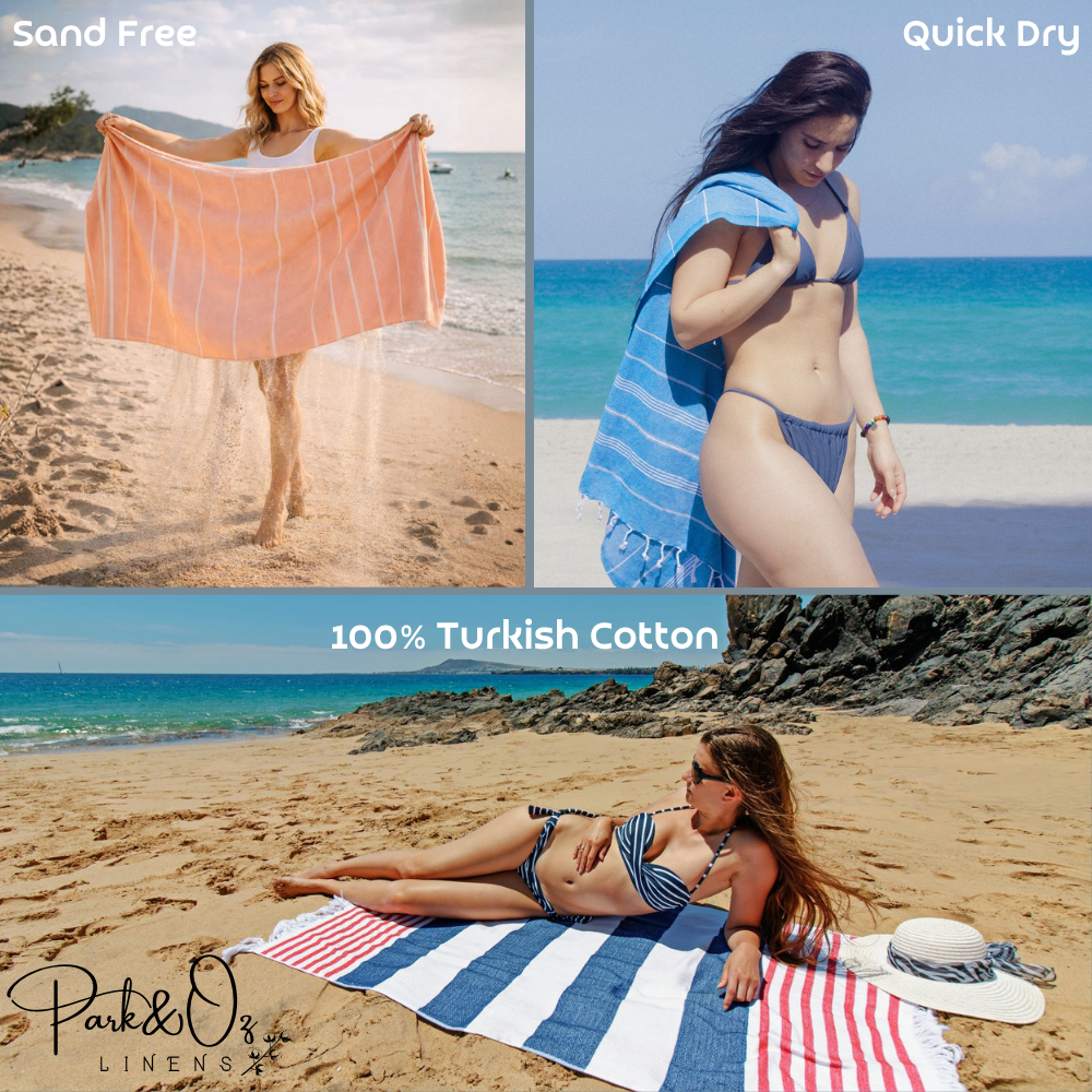 PARK & OZ Pack of 2 - Turkish Beach Towels  – Oversized 100% Cotton Quick-Dry & Sand-Free Towels 72"x40"