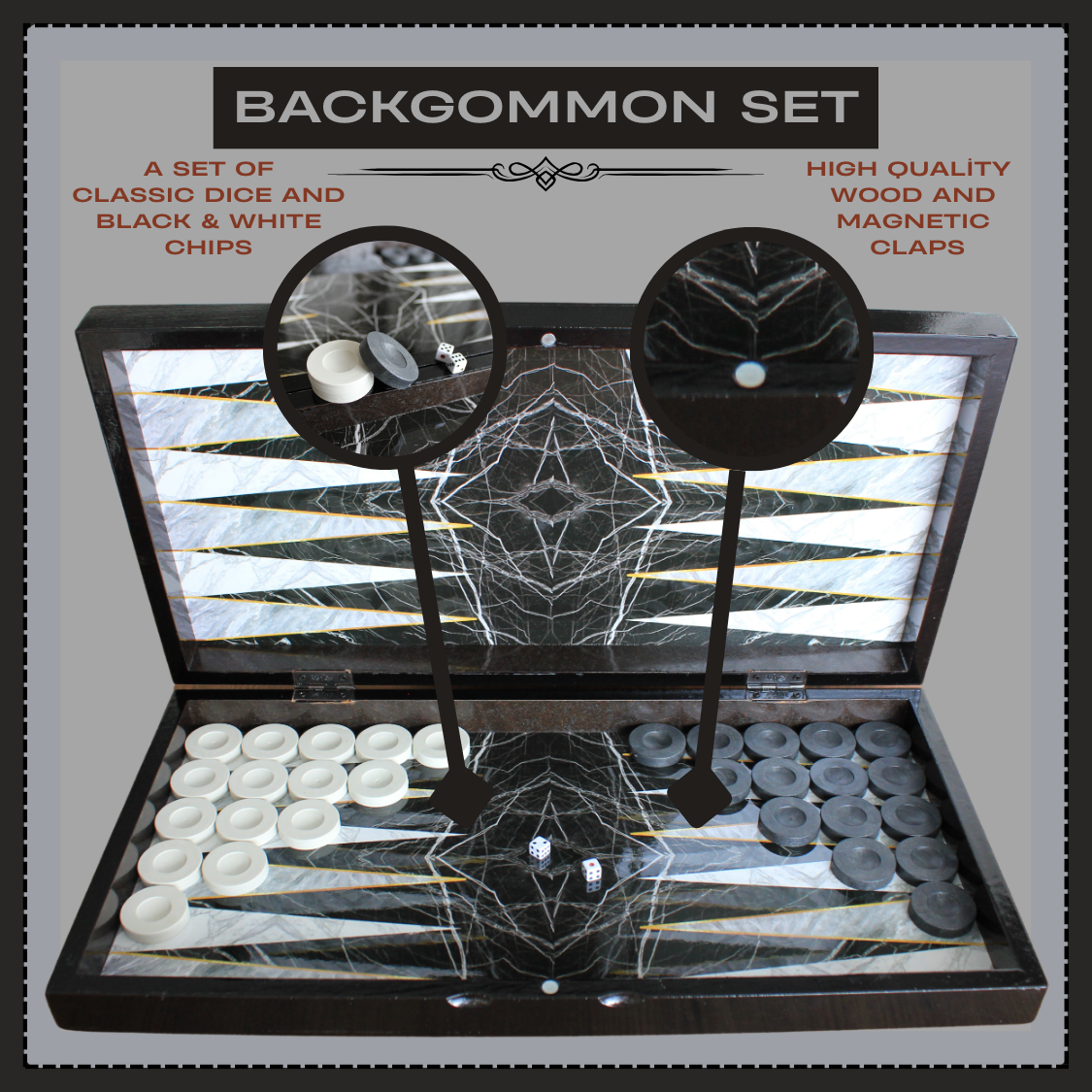 PARK & OZ Premium Turkish Backgammon and Checkers Set 19 Inch Handmade  (BLACK MARBLE)