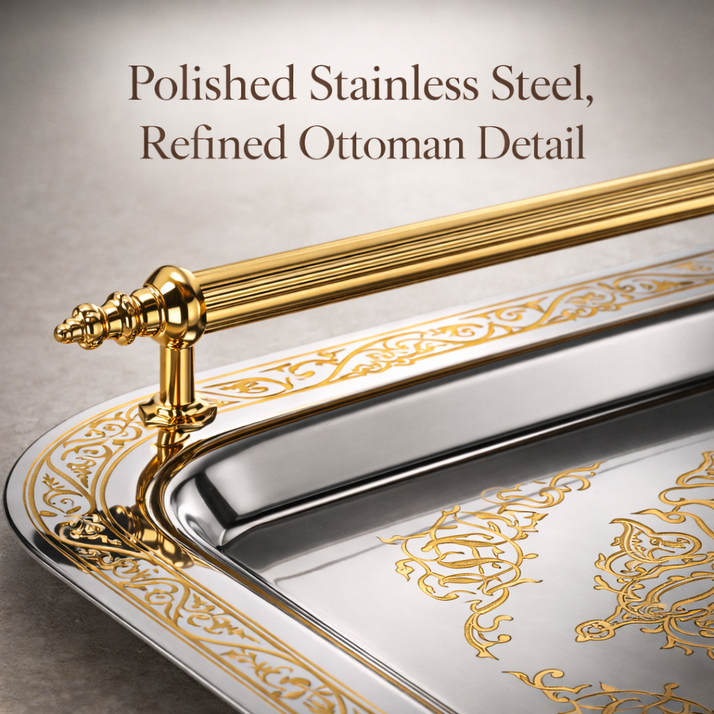 Park&Oz Set of 2 Stackable Stainless-Steel Trays – 14.5'' x 9.8'' Elegant Rectangle Ottoman-Style Decorative Trays – Multi-Purpose Non-Tarnishing Serving Trays for Coffee, Beverages, and Home Decor (GOLD)