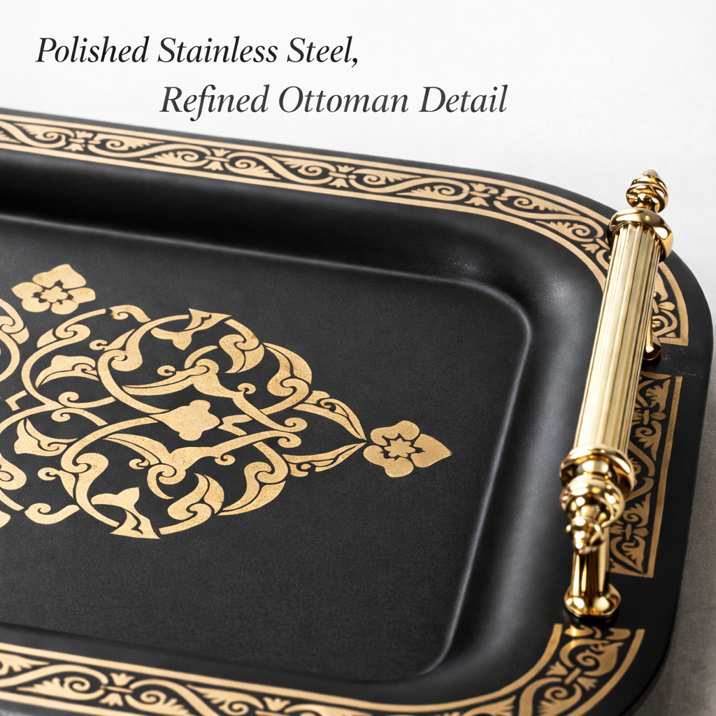 Park&Oz Set of 2 Stackable Stainless-Steel Trays – 14.5'' x 9.8'' Elegant Rectangle Ottoman-Style Decorative Trays – Multi-Purpose Non-Tarnishing Serving Trays for Coffee, Beverages, and Home Decor (GOLD)