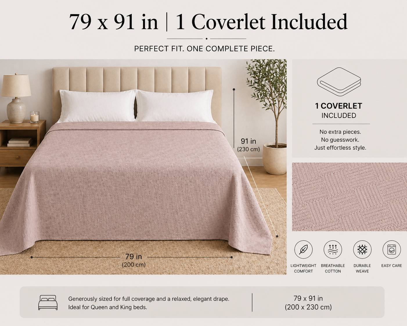 PARK & OZ Turkish Cotton Coverlet, 79 x 91 Inches, Checkerboard Textured Bedspread, Breathable Tightly Woven Bedding Layer, Made in Turkey (GREEN CLAY)