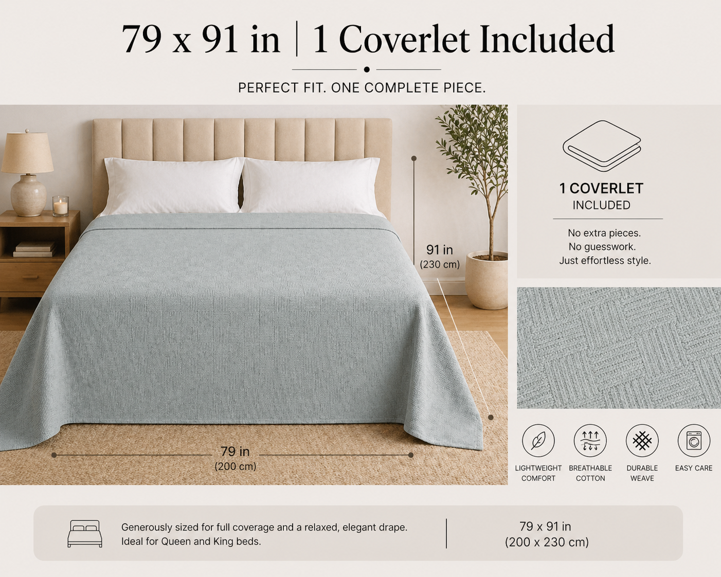 PARK & OZ Turkish Cotton Coverlet, 79 x 91 Inches, Checkerboard Textured Bedspread, Breathable Tightly Woven Bedding Layer, Made in Turkey (GREEN CLAY)