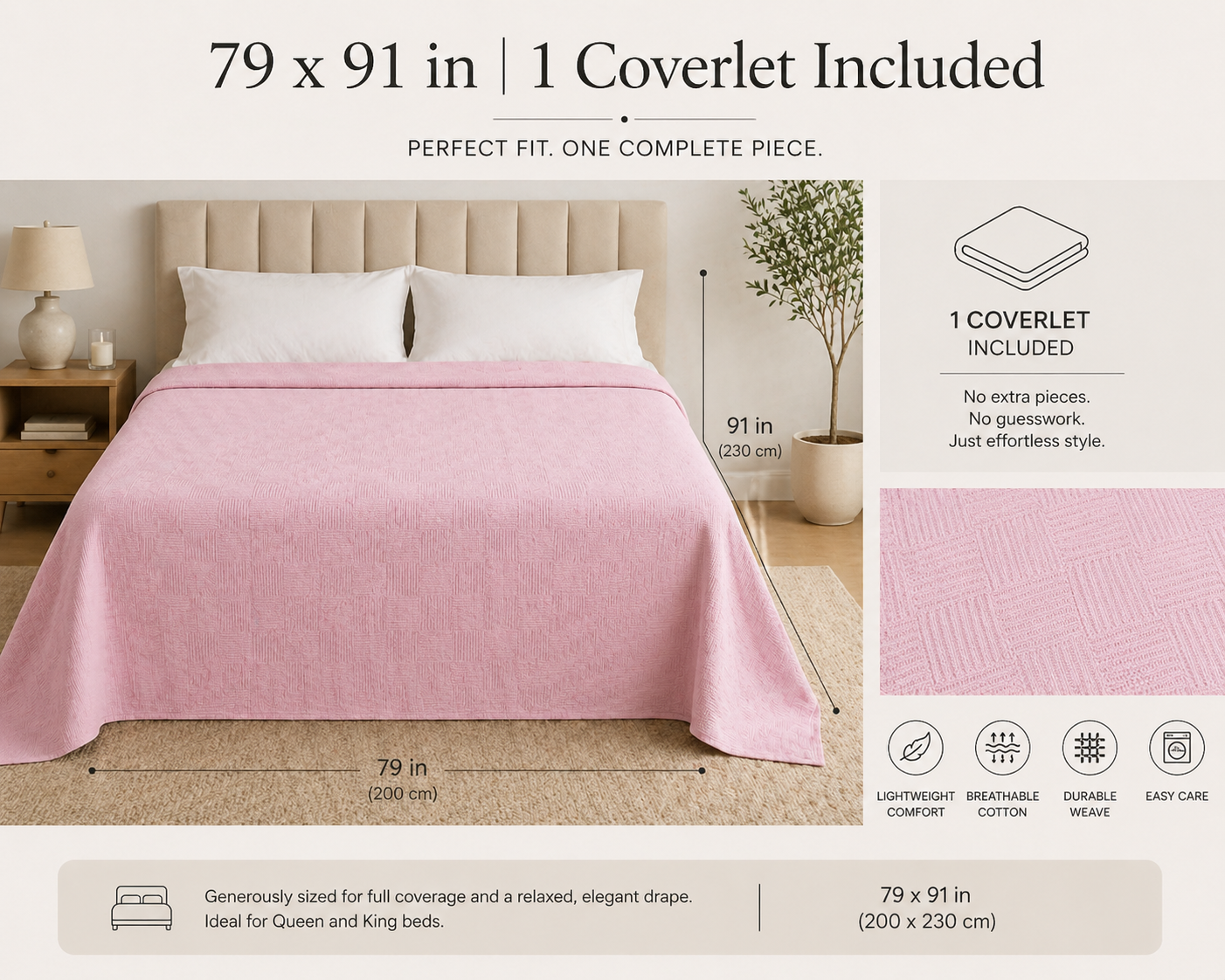 PARK & OZ Turkish Cotton Coverlet, 79 x 91 Inches, Checkerboard Textured Bedspread, Breathable Tightly Woven Bedding Layer, Made in Turkey (GREEN CLAY)