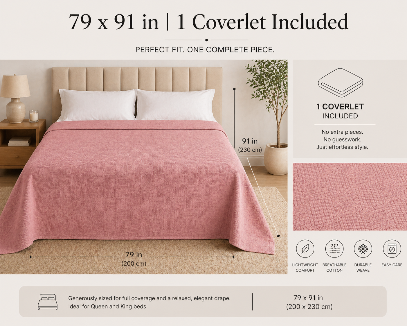 PARK & OZ Turkish Cotton Coverlet, 79 x 91 Inches, Checkerboard Textured Bedspread, Breathable Tightly Woven Bedding Layer, Made in Turkey (GREEN CLAY)