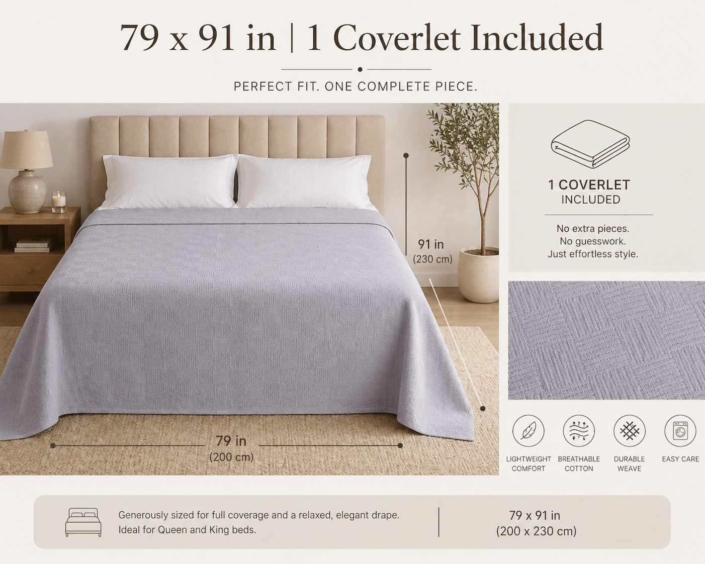 PARK & OZ Turkish Cotton Coverlet, 79 x 91 Inches, Checkerboard Textured Bedspread, Breathable Tightly Woven Bedding Layer, Made in Turkey (GREEN CLAY)