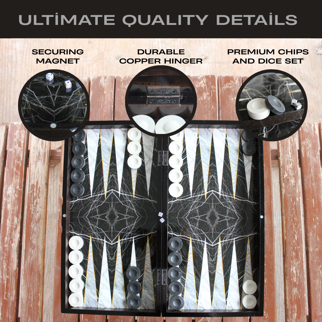 PARK & OZ Premium Turkish Backgammon and Checkers Set 19 Inch Handmade  (BLACK MARBLE)