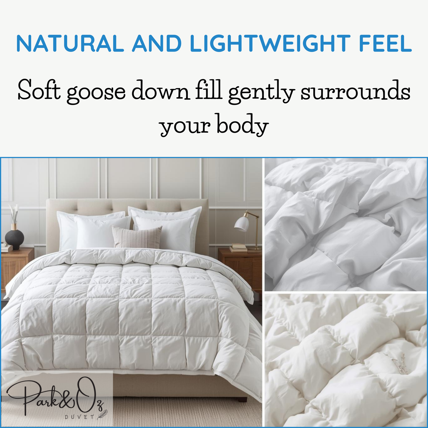 PARK & OZ 100% Goose Down Filled Duvet – 400 GSM, 233 TC Cotton Percale, White