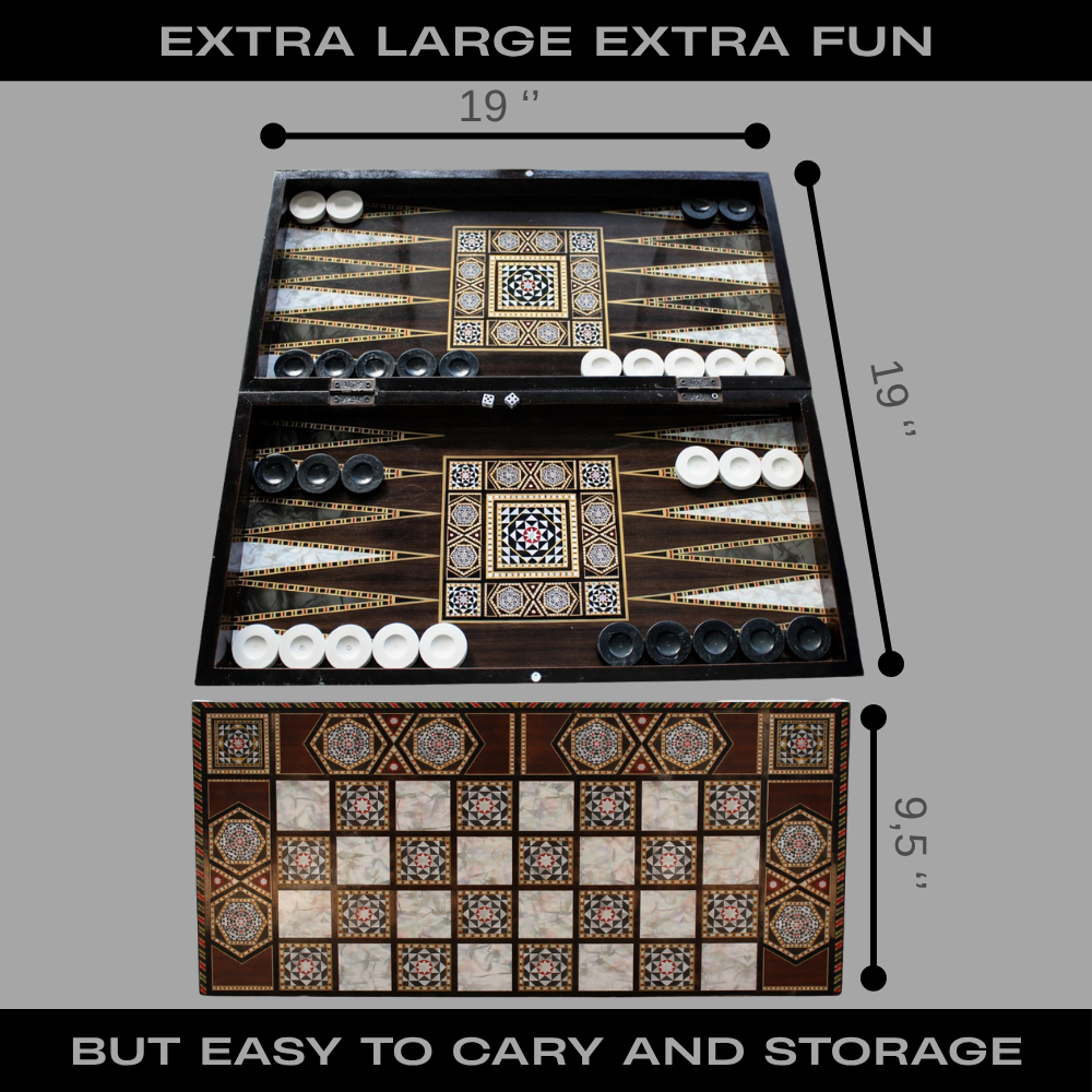 PARK & OZ Premium Turkish Backgammon and Checkers Set 19 Inch Handmade  (PEARL)