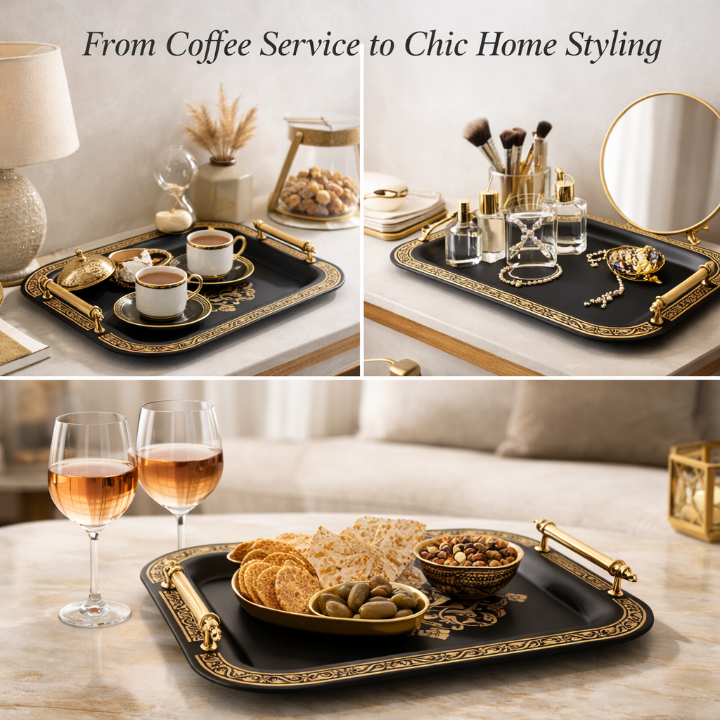 Park&Oz Set of 2 Stackable Stainless-Steel Trays – 14.5'' x 9.8'' Elegant Rectangle Ottoman-Style Decorative Trays – Multi-Purpose Non-Tarnishing Serving Trays for Coffee, Beverages, and Home Decor (GOLD)