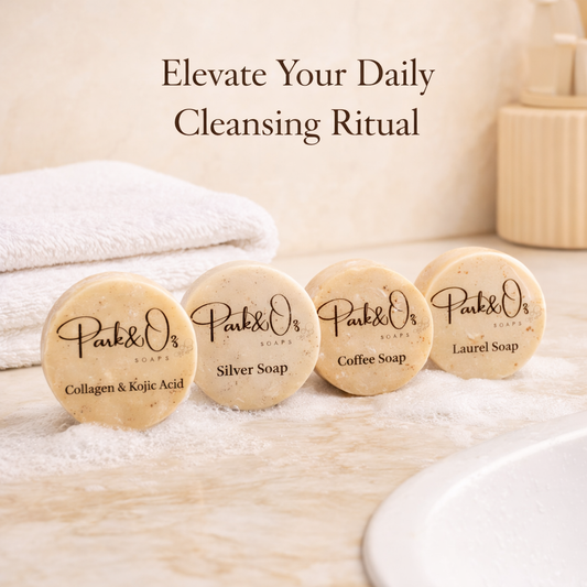 PARK & OZ Luxury Turkish Natural Soap Set – Collagen Anti-Aging, Coffee Exfoliating, Laurel Oil Purifying & Silver Soothing Soaps | Face & Body Care Set (All Of 4)