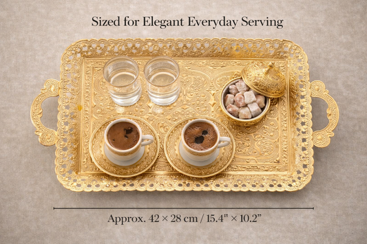 Turkish Vintage Style Entertaining Tray - |15.4” x 10.2”Multi-Purpose, Non-Tarnishing, Zamak Alloy, Decorative Ottoman Style - Rectangular Serving Tray for Coffee & Beverages (GOLD)