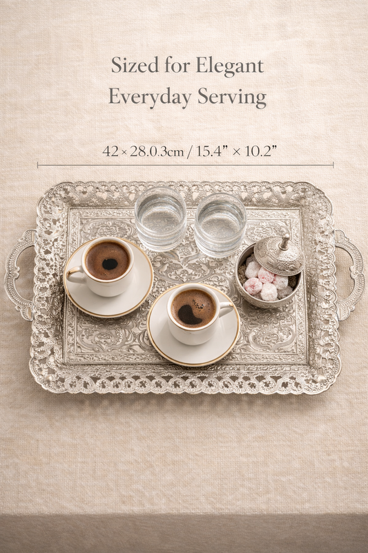 Turkish Vintage Style Entertaining Tray - |15.4” x 10.2”Multi-Purpose, Non-Tarnishing, Zamak Alloy, Decorative Ottoman Style - Rectangular Serving Tray for Coffee & Beverages (SILVER)