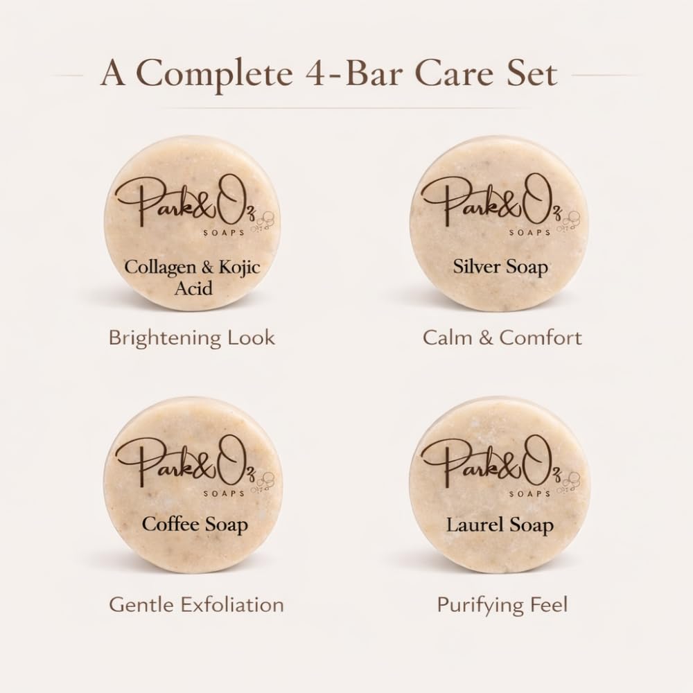 PARK & OZ Luxury Turkish Natural Soap Set – Collagen Anti-Aging, Coffee Exfoliating, Laurel Oil Purifying & Silver Soothing Soaps | Face & Body Care Set (All Of 4)
