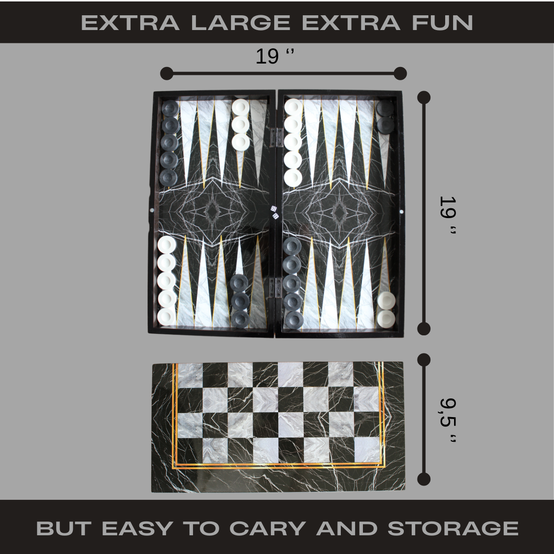 PARK & OZ Premium Turkish Backgammon and Checkers Set 19 Inch Handmade  (BLACK MARBLE)