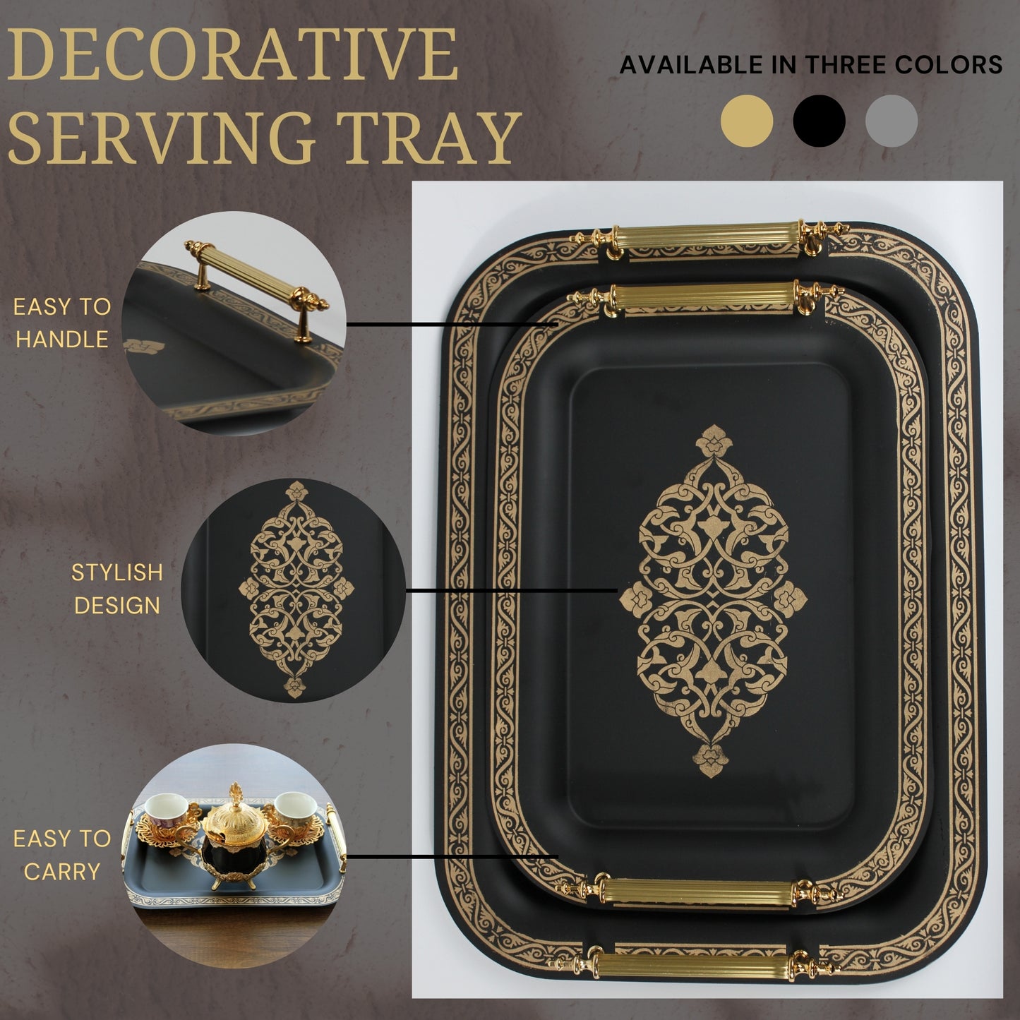 Set of 2 Modern Elegant Large Serving Tray, Rectangle Decorative Tray