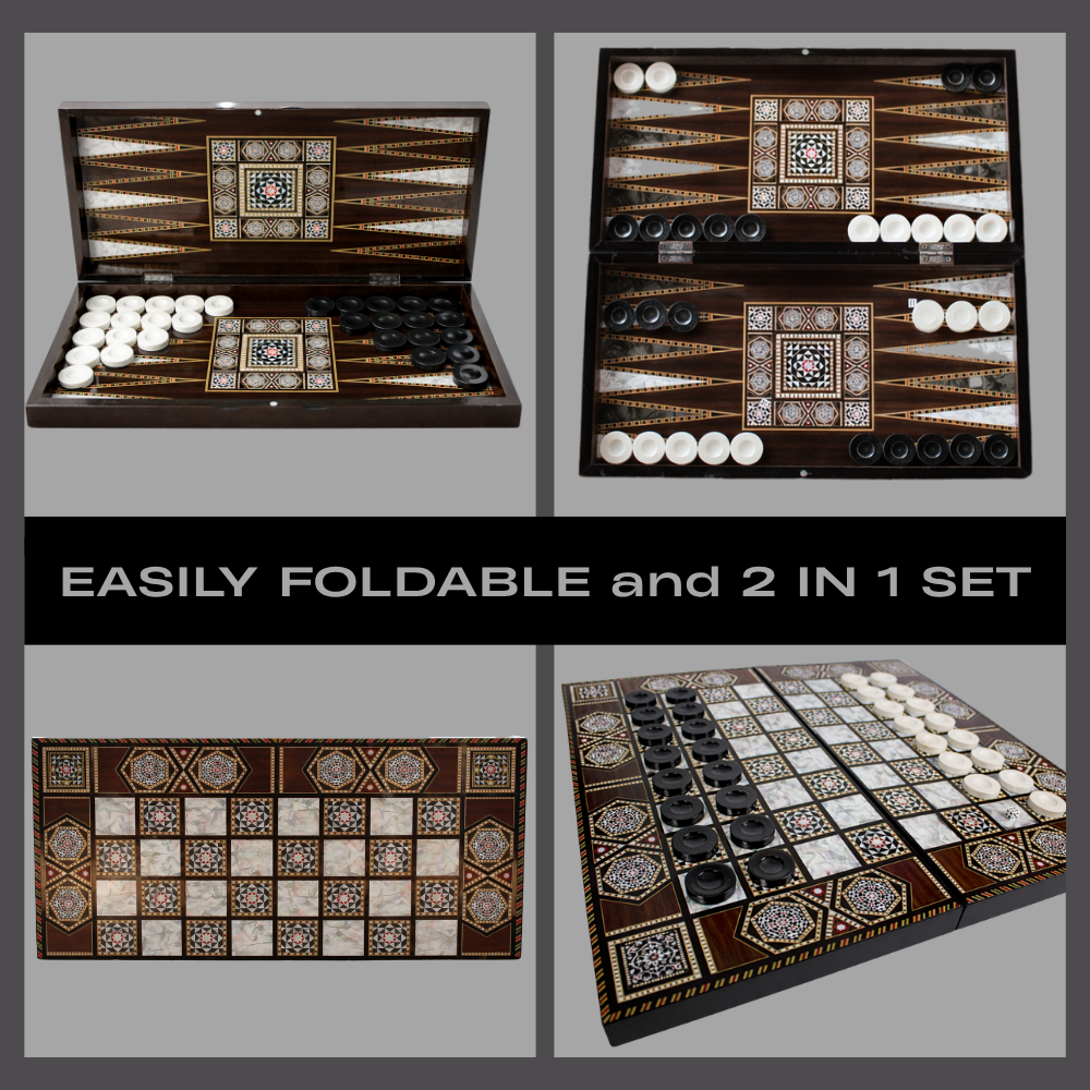 PARK & OZ Premium Turkish Backgammon and Checkers Set 19 Inch Handmade  (PEARL)